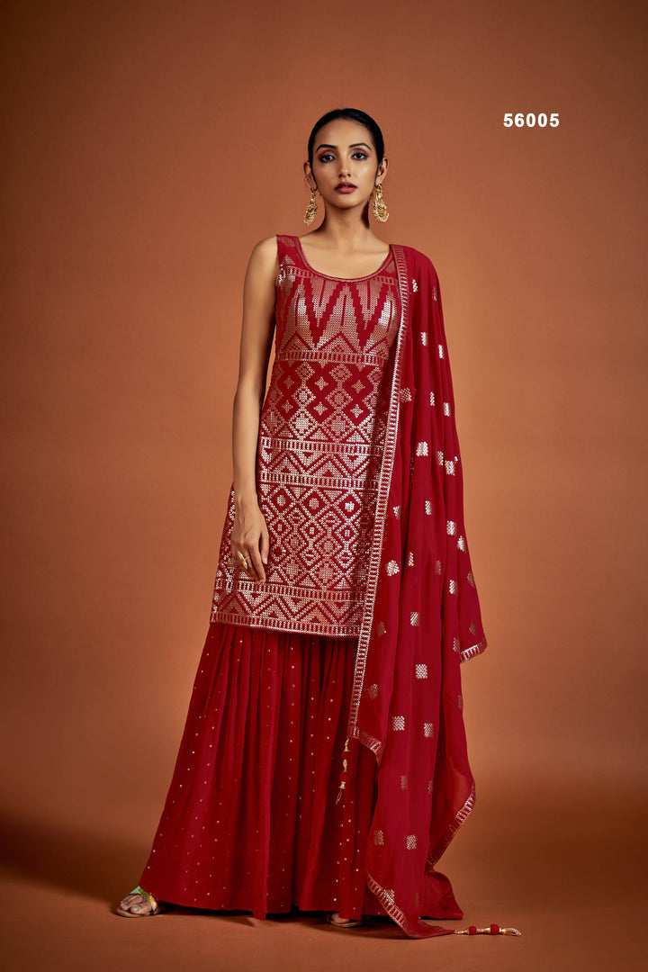 Red Georgette Salwar Suit | Glamorous Sequins Ethnic Outfit