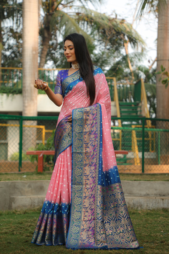 Pink Bandhej Silk Saree with an exquisite Kanjivaram border and Minakari pallu, ideal for celebrations.