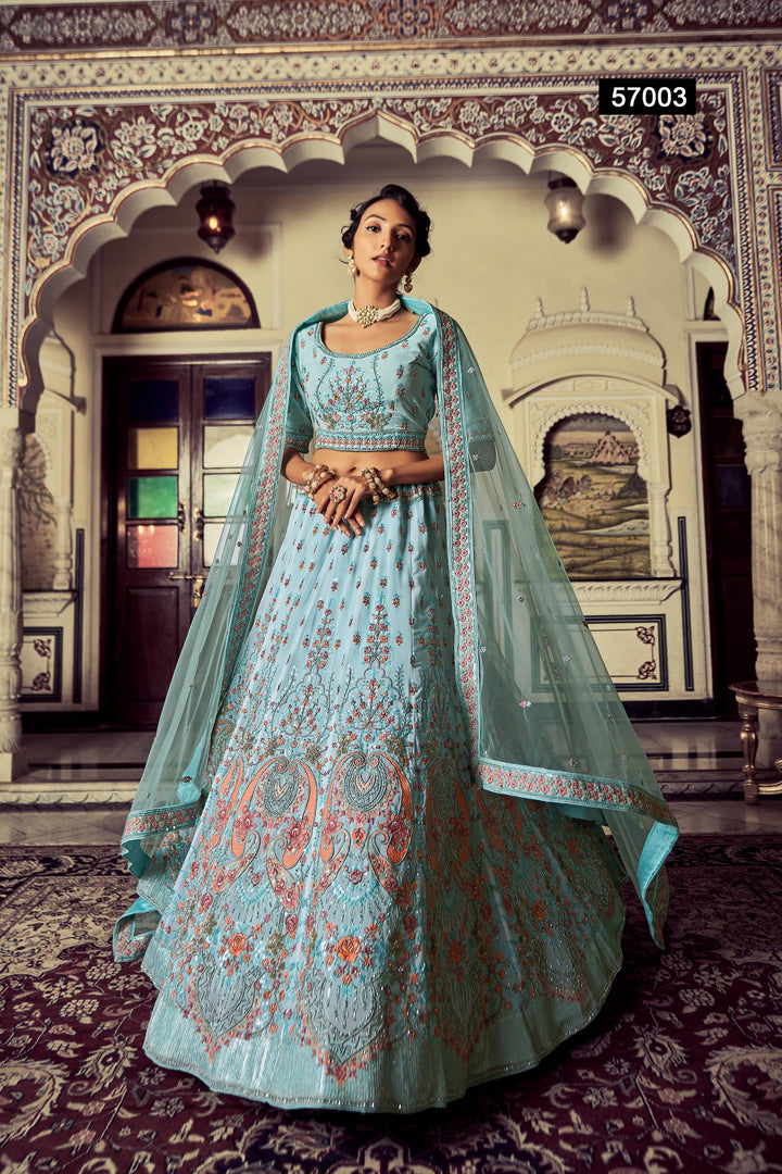 Turquoise Georgette Embroidered Lehenga | Thread & Sequins Work with Dupatta