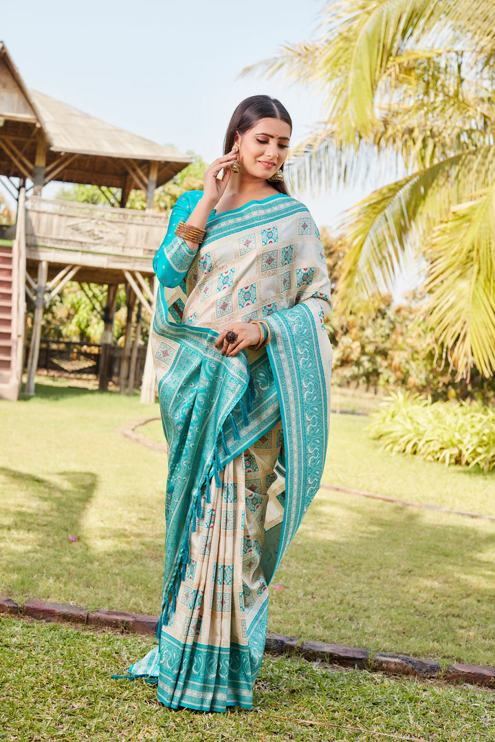 Timeless sky-blue Kanjivaram soft silk saree with detailed designer borders and traditional appeal.