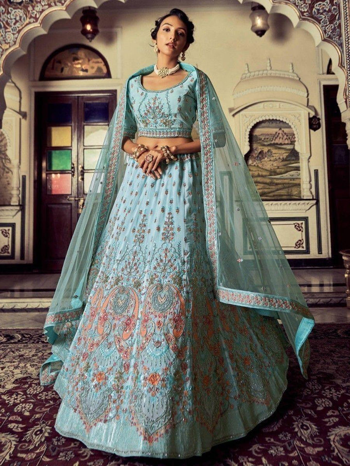 Turquoise Lehenga | Georgette Material with Zarkan & Glitter Zari Embroidery