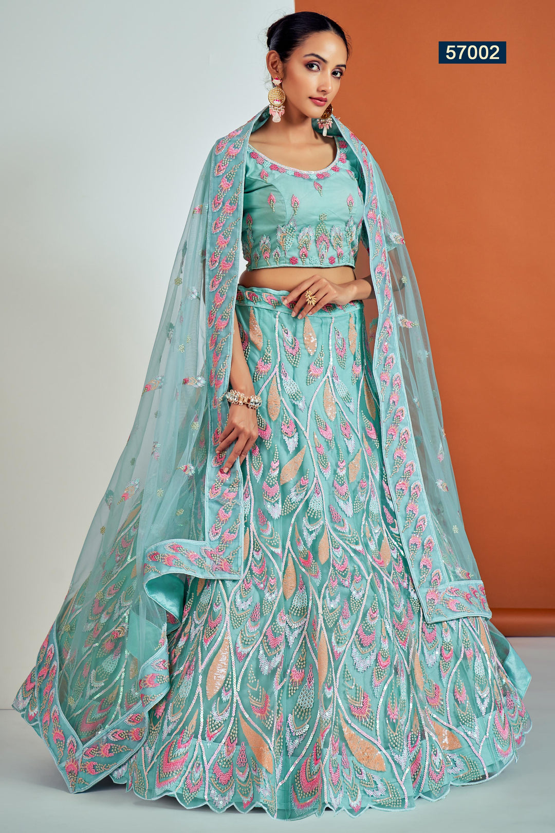 Turquoise Embroidered Net Lehenga | Wedding Wear Lehenga Choli Set