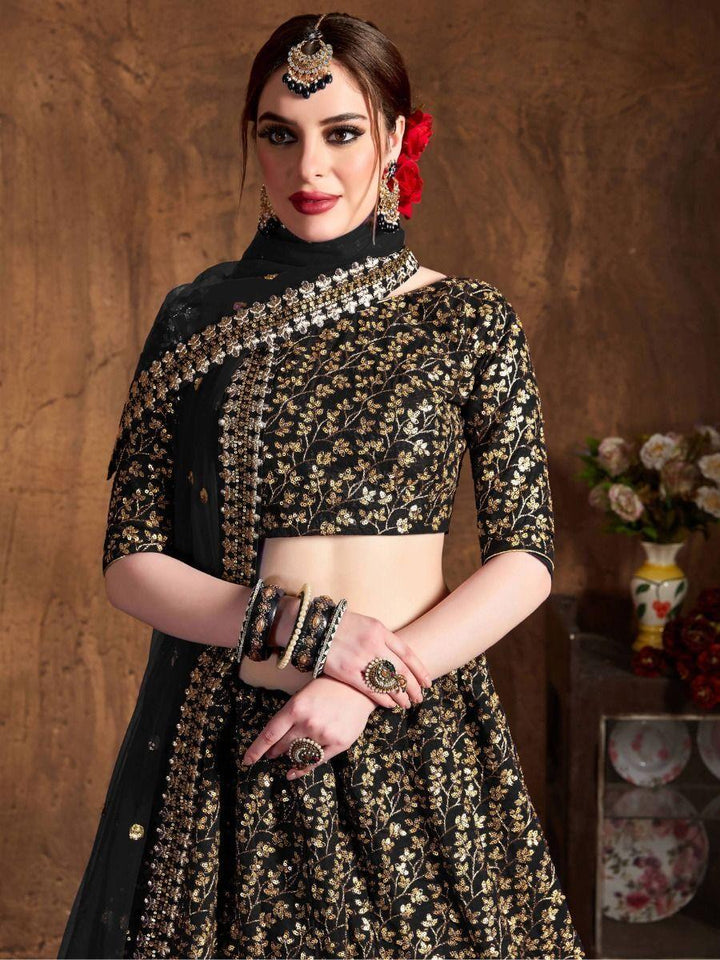 Black Sequins Raw Silk Lehenga Choli | Reception Wedding Wear