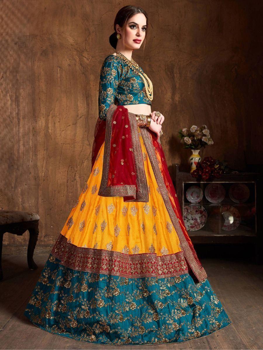 Banarasi Silk Lehenga Set | Teal & Yellow with Maroon Dupatta