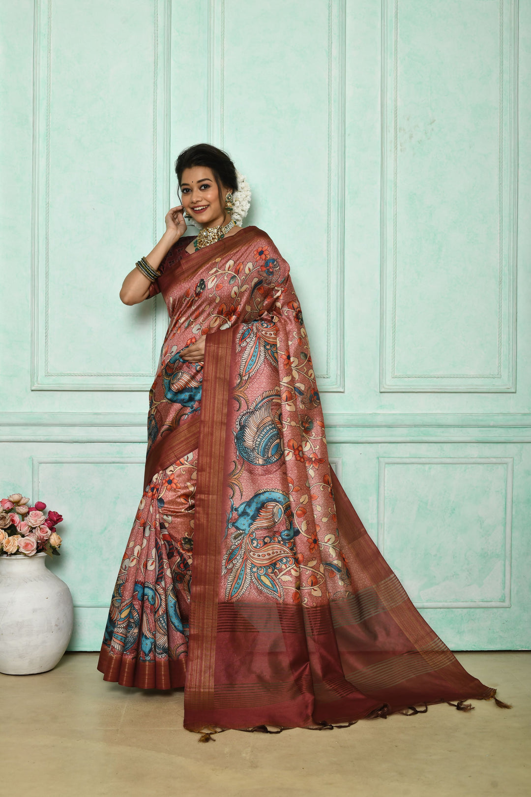 Elegant Ghicha Tussar saree with all-over Kalamkari print and zari pallu