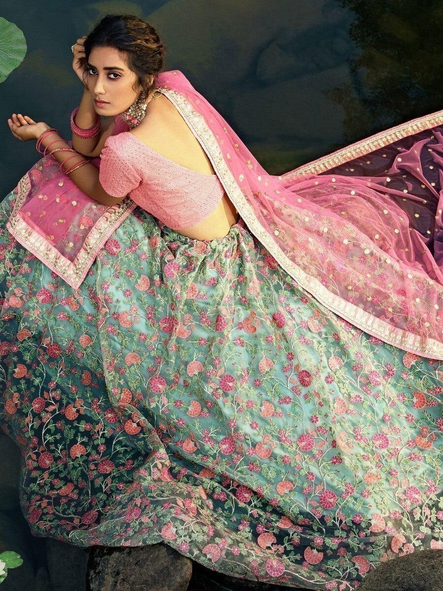 Graceful Green Thread Embroidered Lehenga Choli | Pink Choli & Dupatta Set