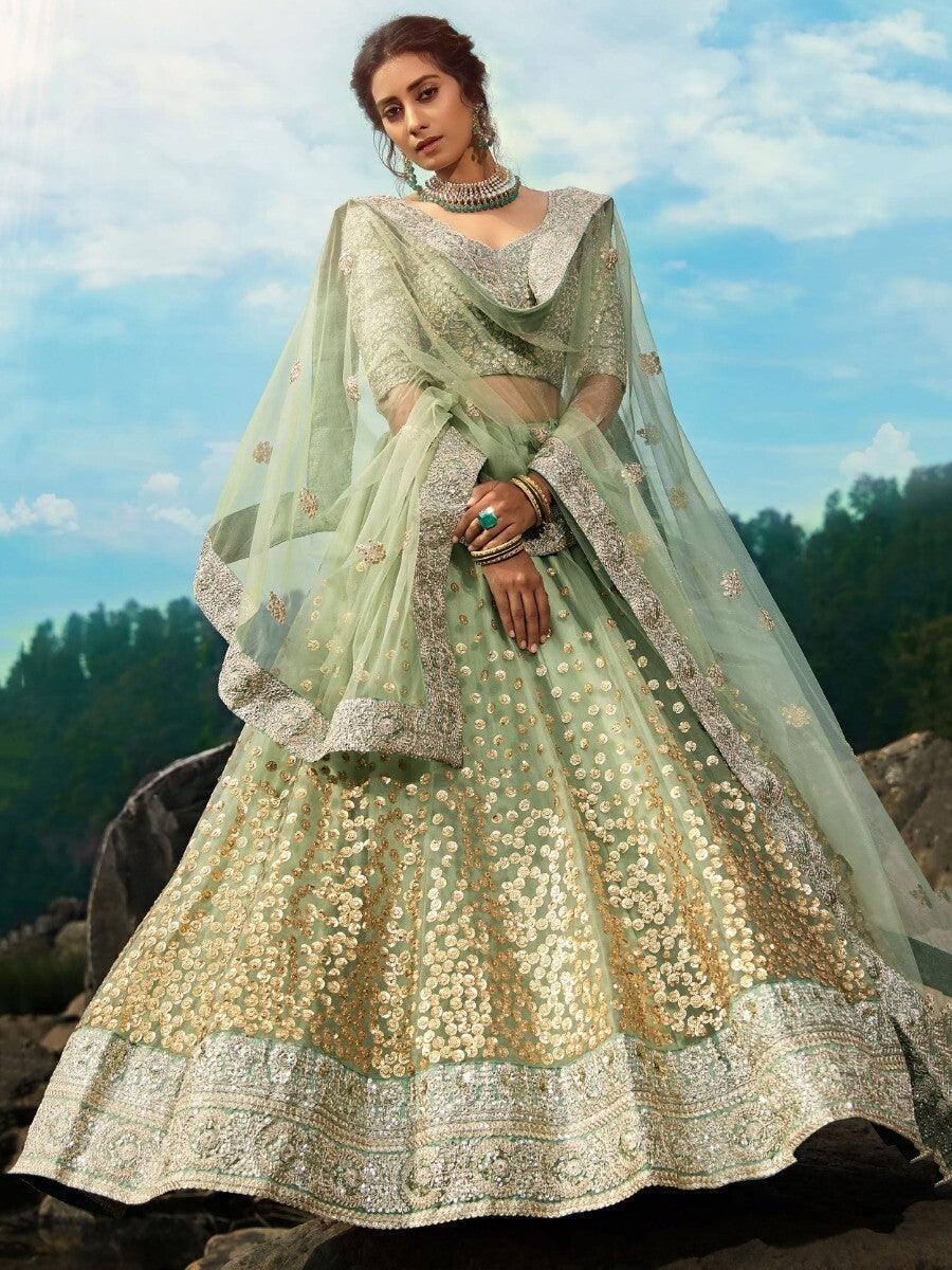 Traditional Green Net Lehenga Choli | Bridal Wear with Sequins