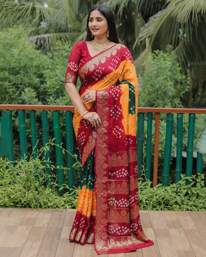 Elegant Mustard Yellow Bandhej Silk Saree with designer zari border, perfect for festive occasions.