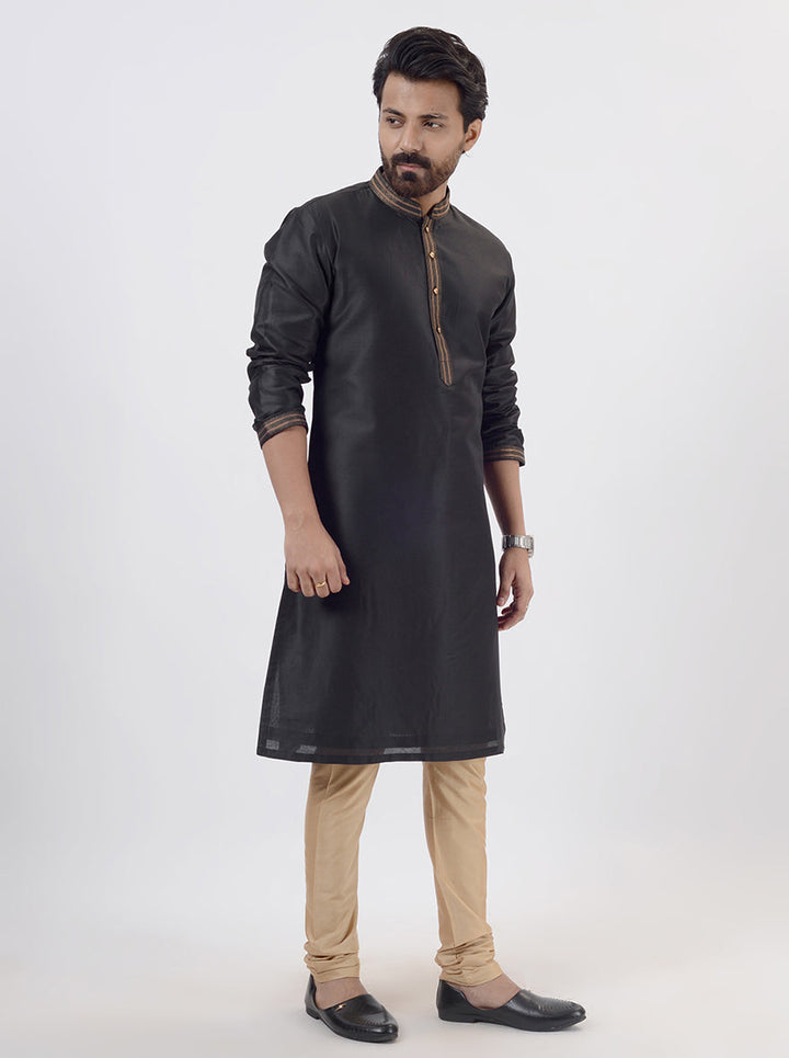 Luxury black silk kurta pajama set, designed for weddings, pooja, and formal celebrations.