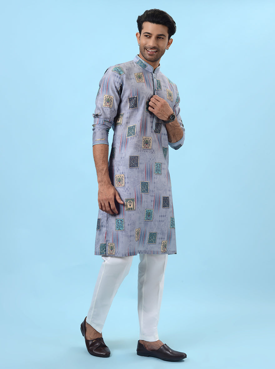 Traditional men's grey silk kurta pajama set, designed for upscale occasions and festive events, offering sophistication.