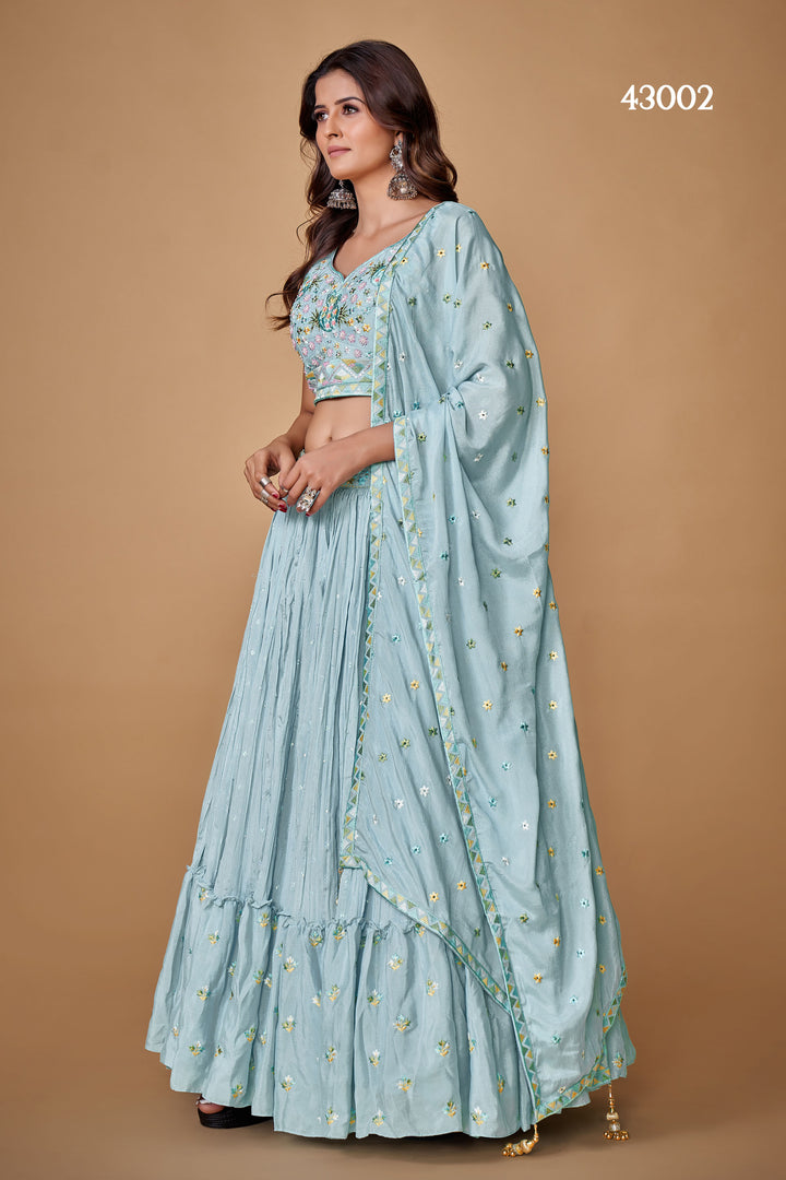 Powder Blue Chiffon Silk Lehenga | Bridal & Wedding Wear