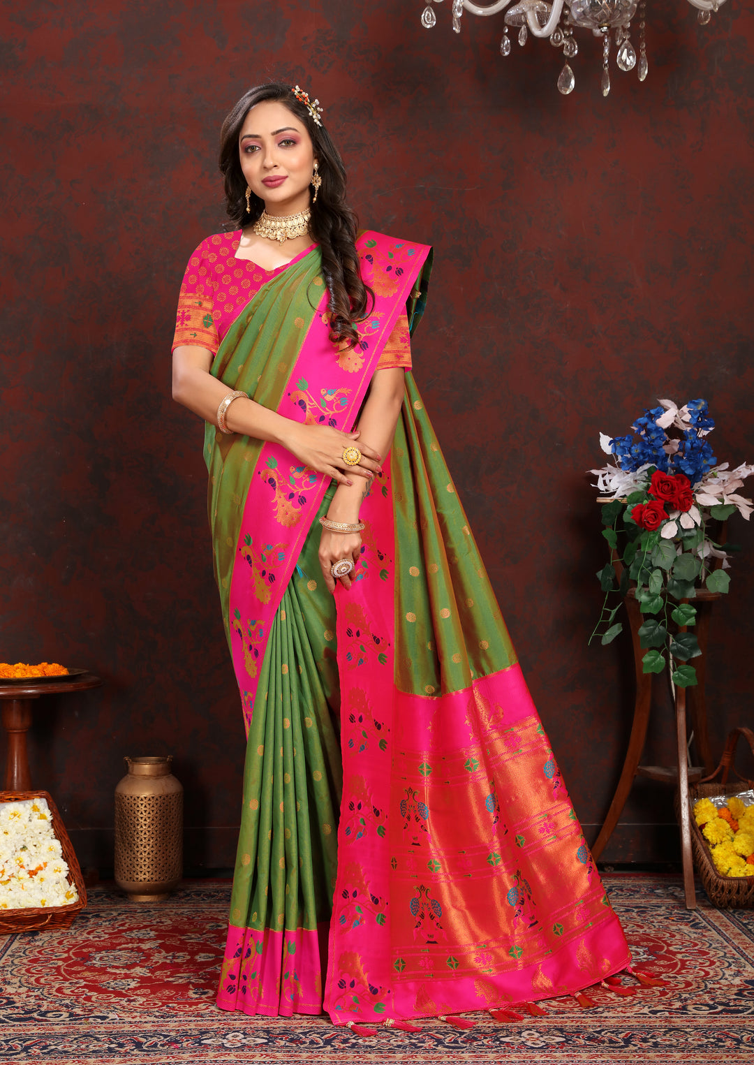 USA’s finest green Paithani Saree with zari border, a must-have for weddings.