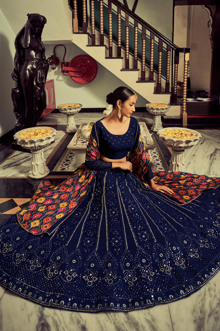 Navy Blue Georgette Lehenga Choli | Sequins & Thread Embroidery Design