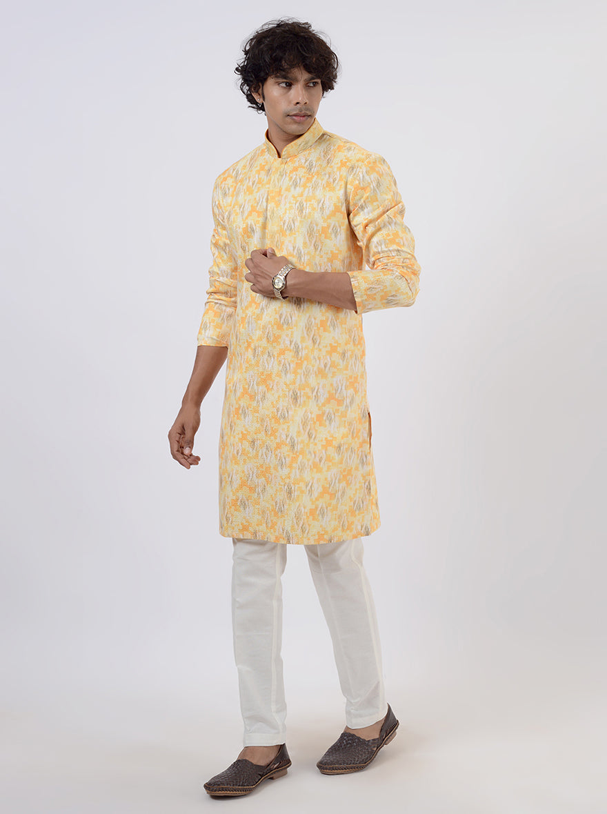 Men's yellow silk blend kurta set, elegant choice for USA cultural events