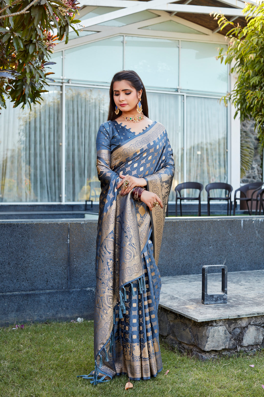 Premium Teal-Blue Satin Silk Saree featuring dual weave and a beautiful pallu for weddings.