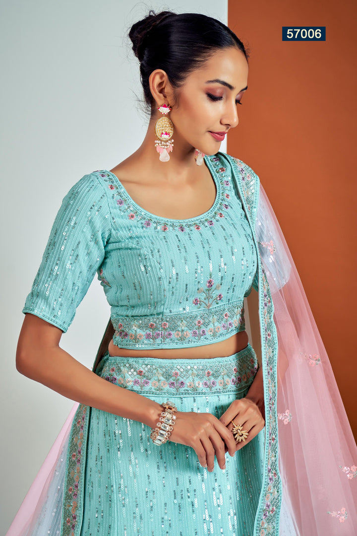 Designer Sky Blue Lehenga for Wedding | Georgette Embroidered Choli