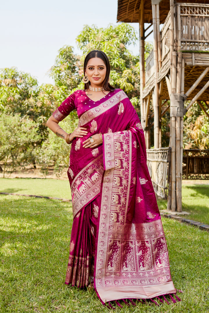 Gorgeous wine satin Kanjivaram saree with a rich elephant border, perfect for weddings and other special occasions.