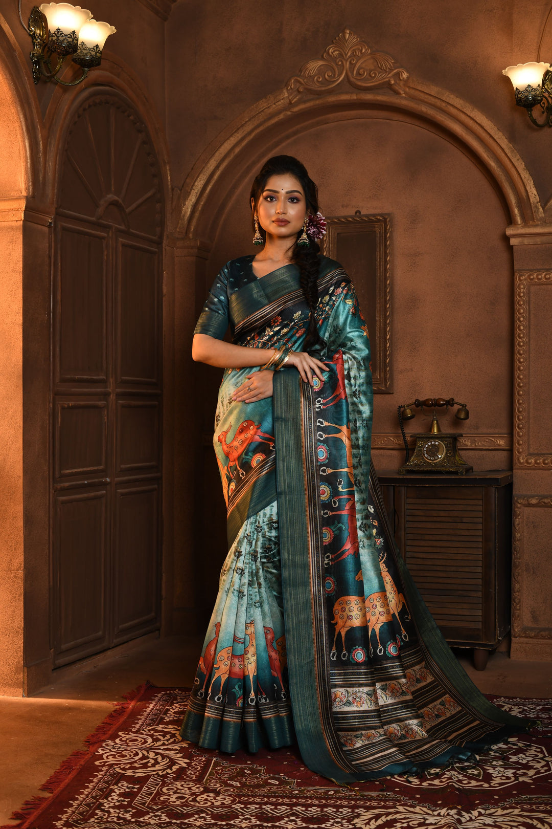 Stunning blue Kalamkari Tussar Silk Saree with a contrasting blouse for festive events in the USA.