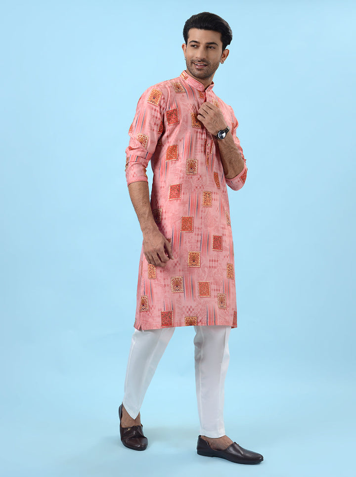 Luxury pink silk blend kurta pajama for men, designed for traditional Indian wear.