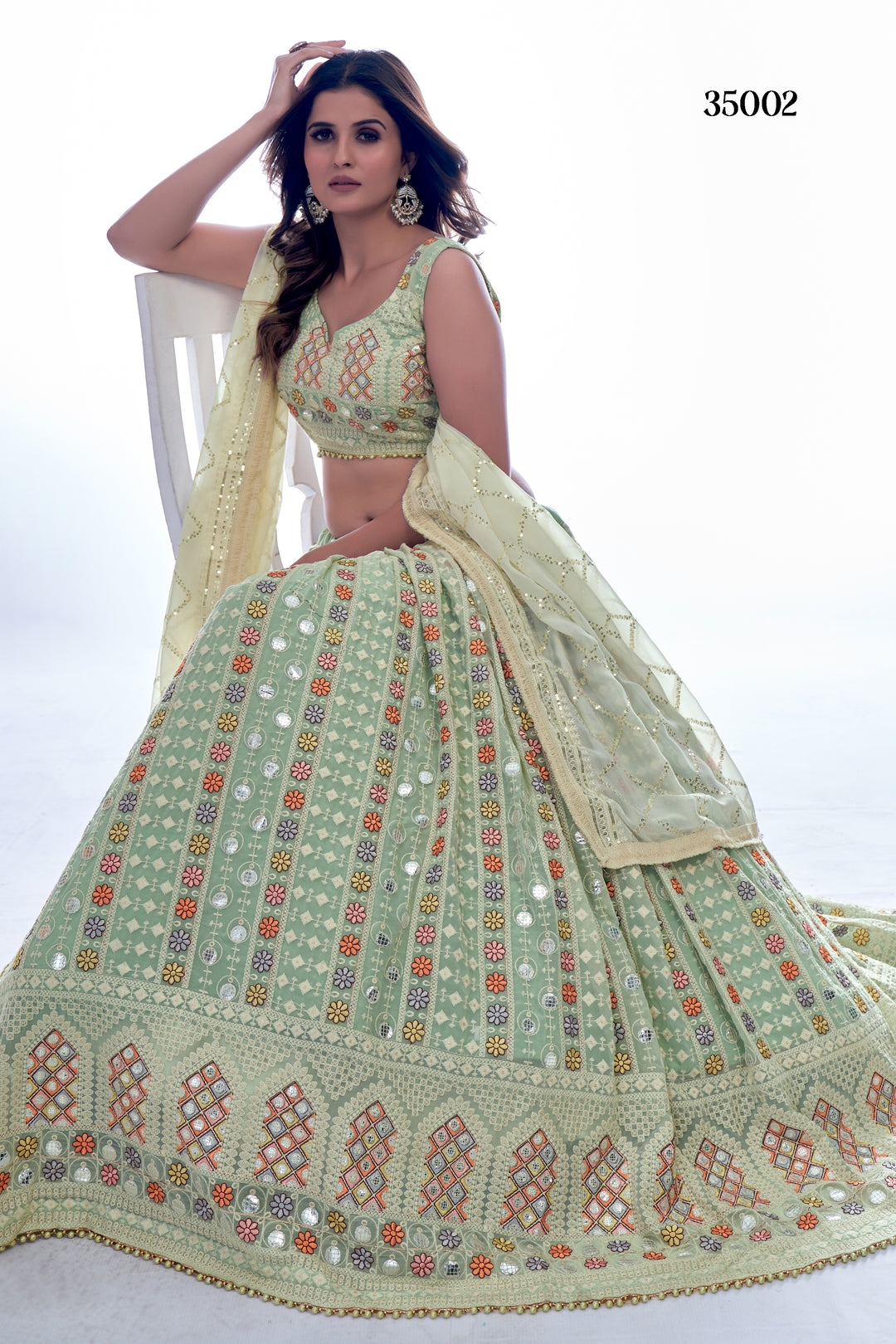 Elegant Pista Green Georgette Lehenga Set | Floral & Geometric Design with Sequins