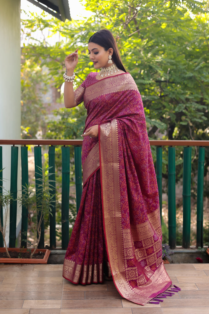 Handloom Bandhej Patola Silk Saree in red with Kanchi Borders, exquisite design for USA celebrations.