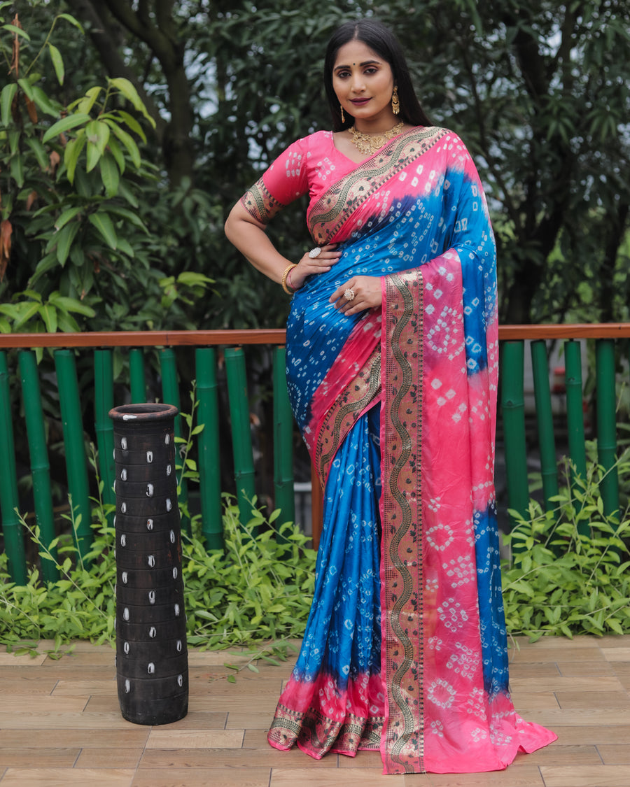 Blue Bandhej Tapeta silk saree with elegant dual-color design and intricate craftsmanship.