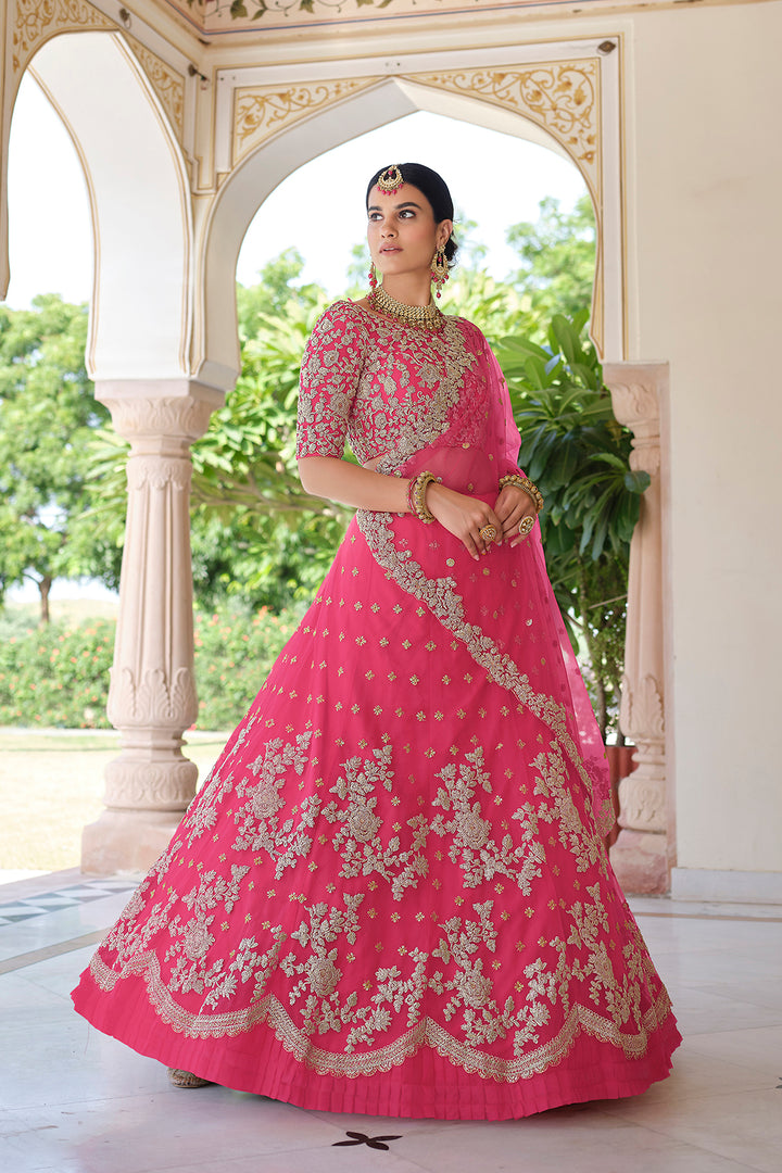 Pink Embroidered Lehenga | Soft Net Bridal Lehenga for Women