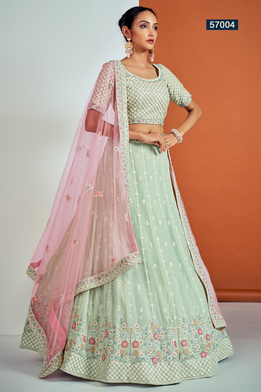 Pista Green Georgette Lehenga Choli | Indian Lehenga Choli Set with Dupatta