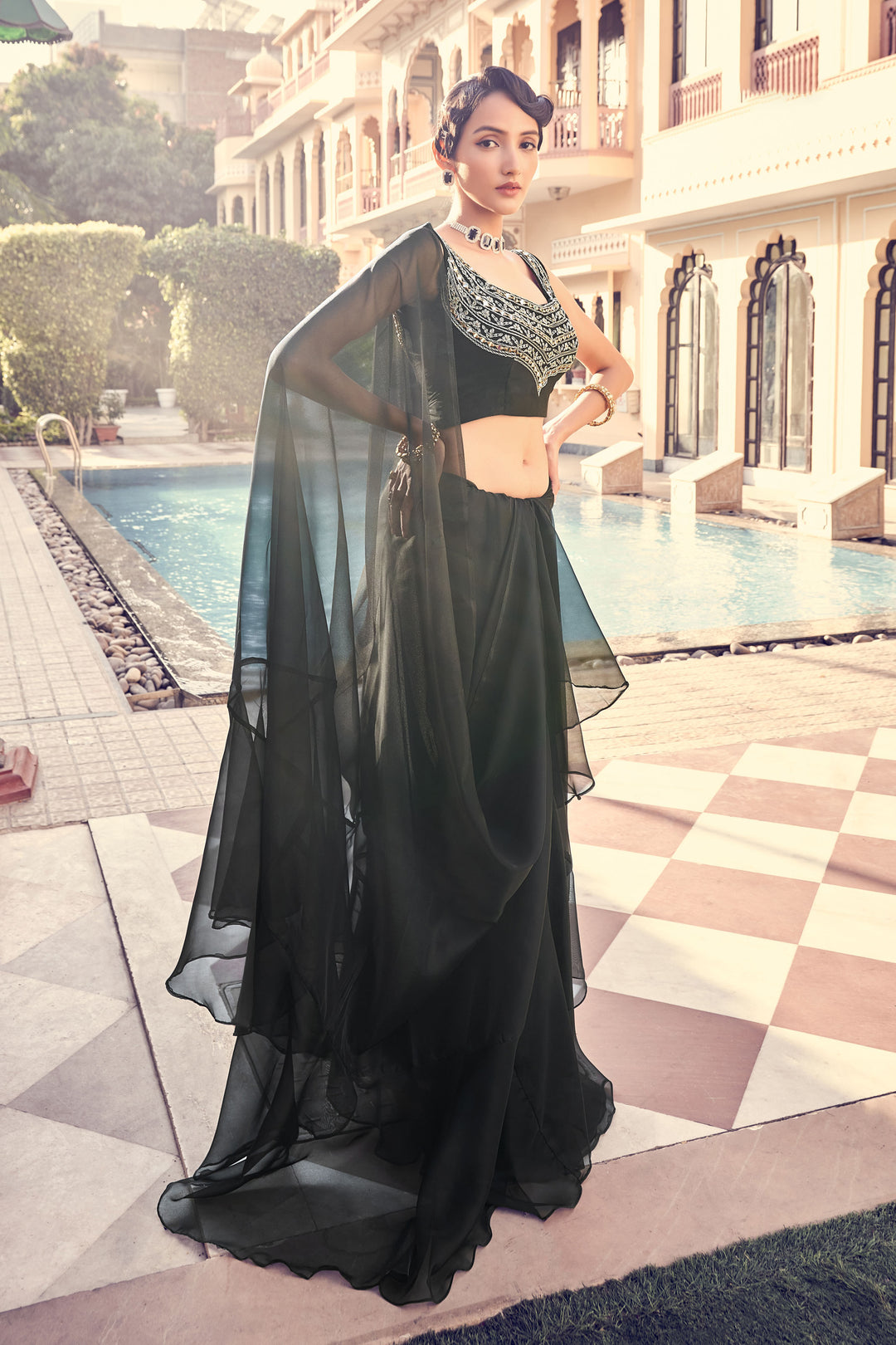 Black Georgette Sequins Party Saree | Trendy Ruffled Sari