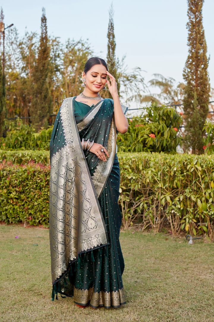 Dark-Green Satin Silk Saree with intricate Butta patterns and designer border, ideal for traditional events.