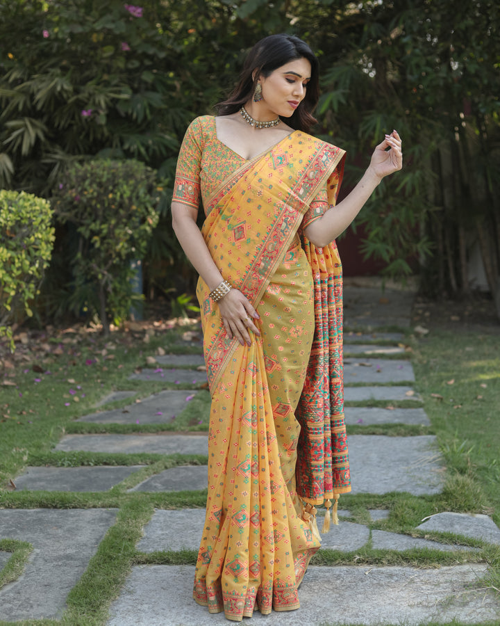 Premium Yellow Cotton Saree with intricate Pashmina weaving and grand woven Pallu for celebrations.