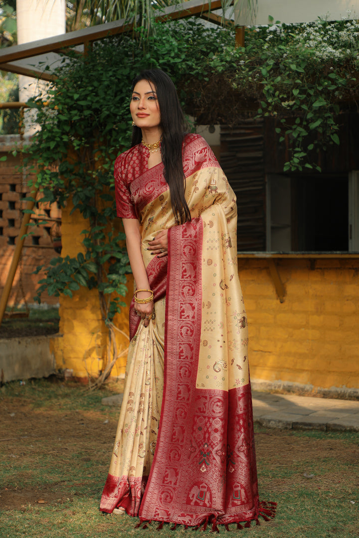 Rich cream Kanjivaram silk saree with delicate weaving and traditional borders, perfect for festive celebrations.