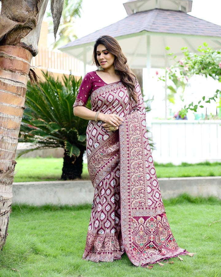 Royal red Kanjivaram Pattu Saree with fine zari weaving & embossed design, a beautiful choice for USA celebrations.