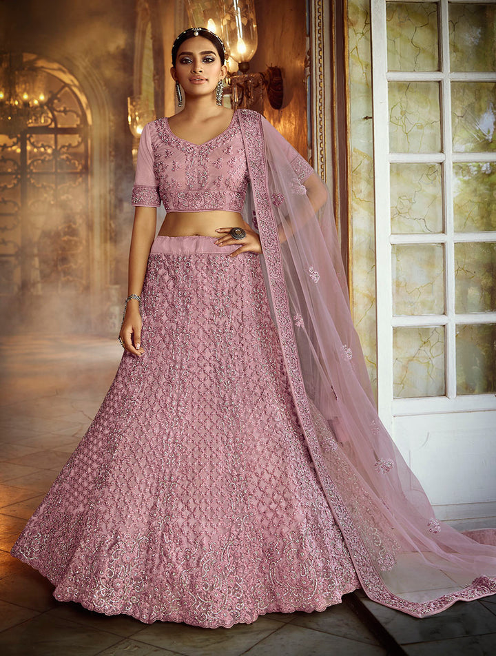 Pink Soft Net Lehenga with Dori and Zarkan Work | Bridal and Festive Wear