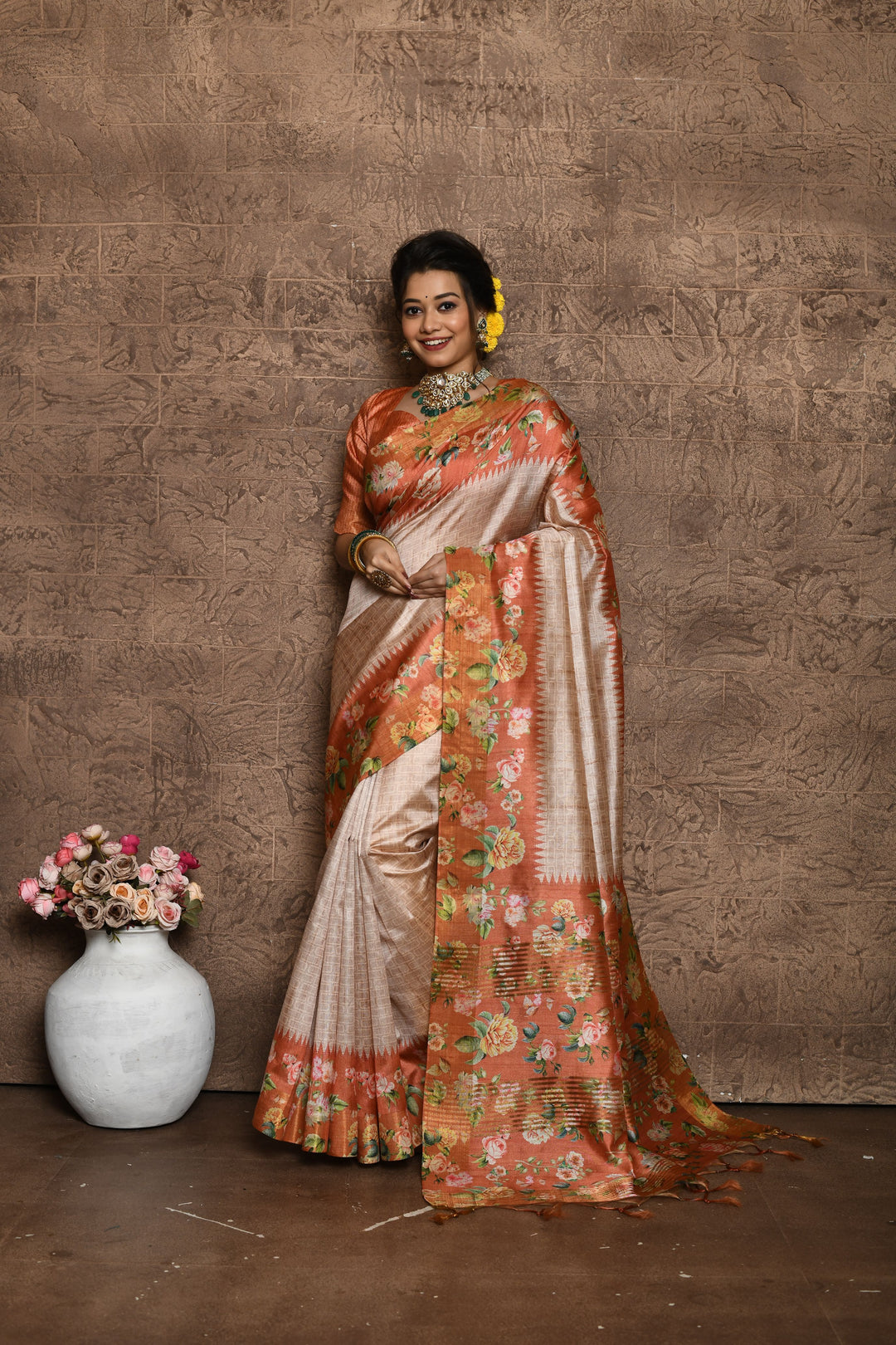 Soft Tussar silk saree with beautiful floral print on the pallu and border