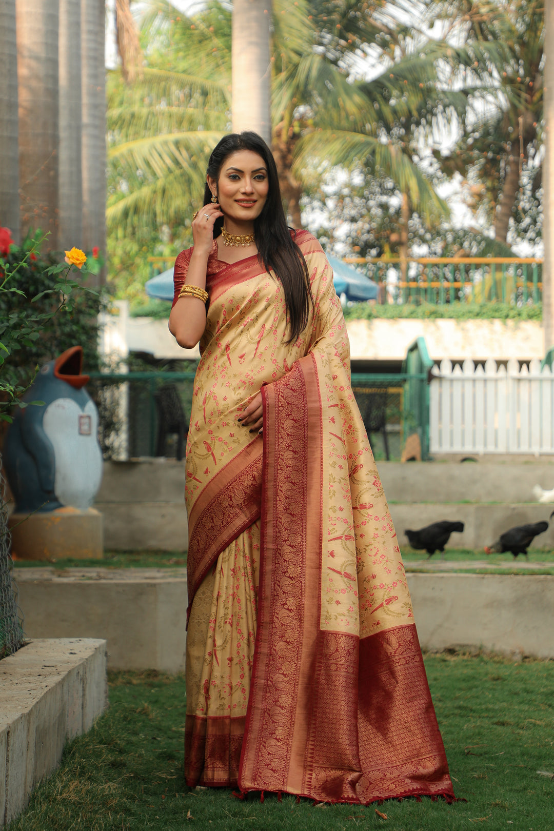 Elegant Kanjivaram Indian saree in beige, featuring exquisite craftsmanship and a shiny, luxurious finish.