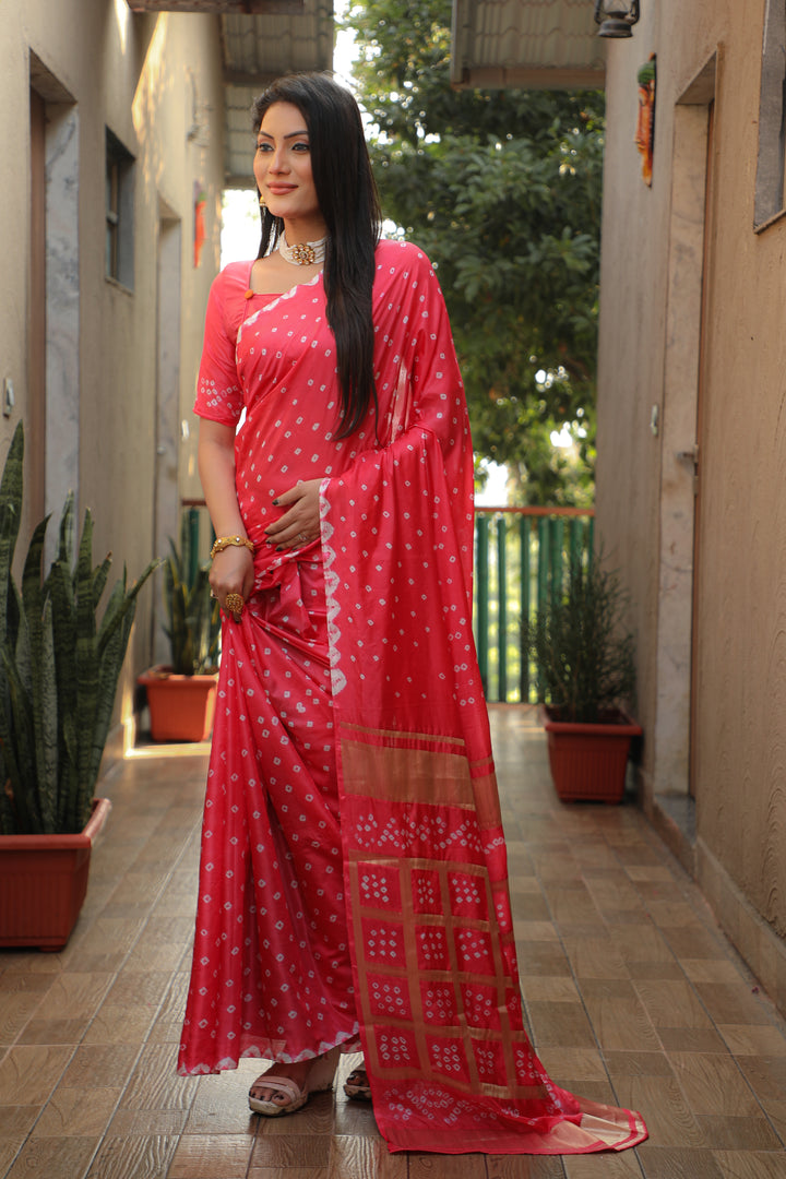 Dark-peach Bandhej silk saree with intricate checks pattern, ideal for weddings and cultural events.