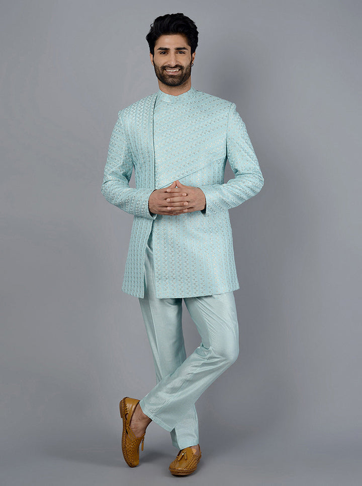 Make a statement at weddings with this chic Sky Blue Indo Western outfit, tailored for comfort and style.