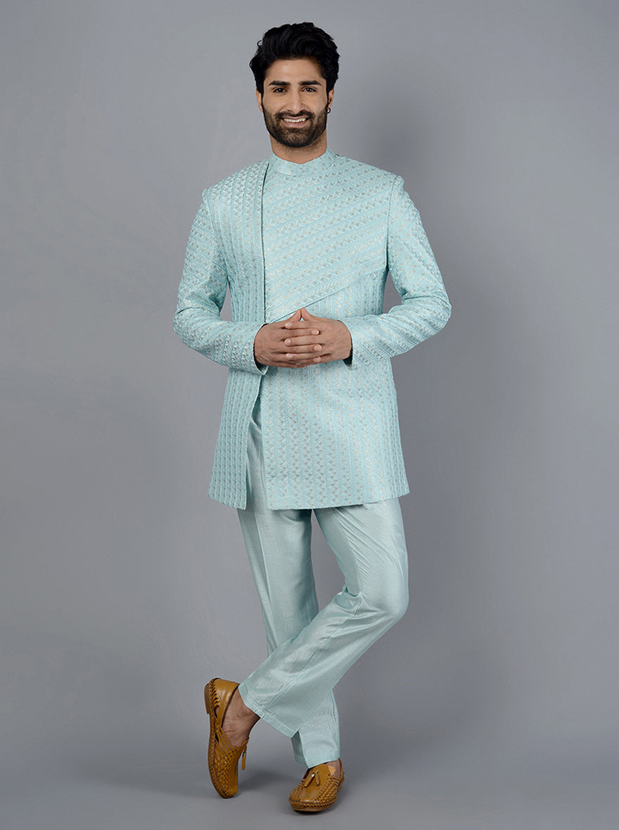 Sky Blue Indowestern for men, perfect for engagement ceremonies