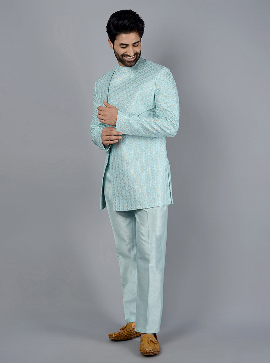 Embroidered Sky Blue Indowestern for traditional wedding functions