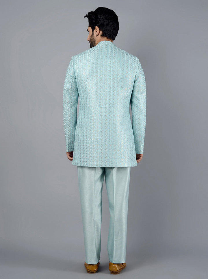 Step out in sophistication with this Sky Blue Indo Western outfit, ideal for fashionable events.