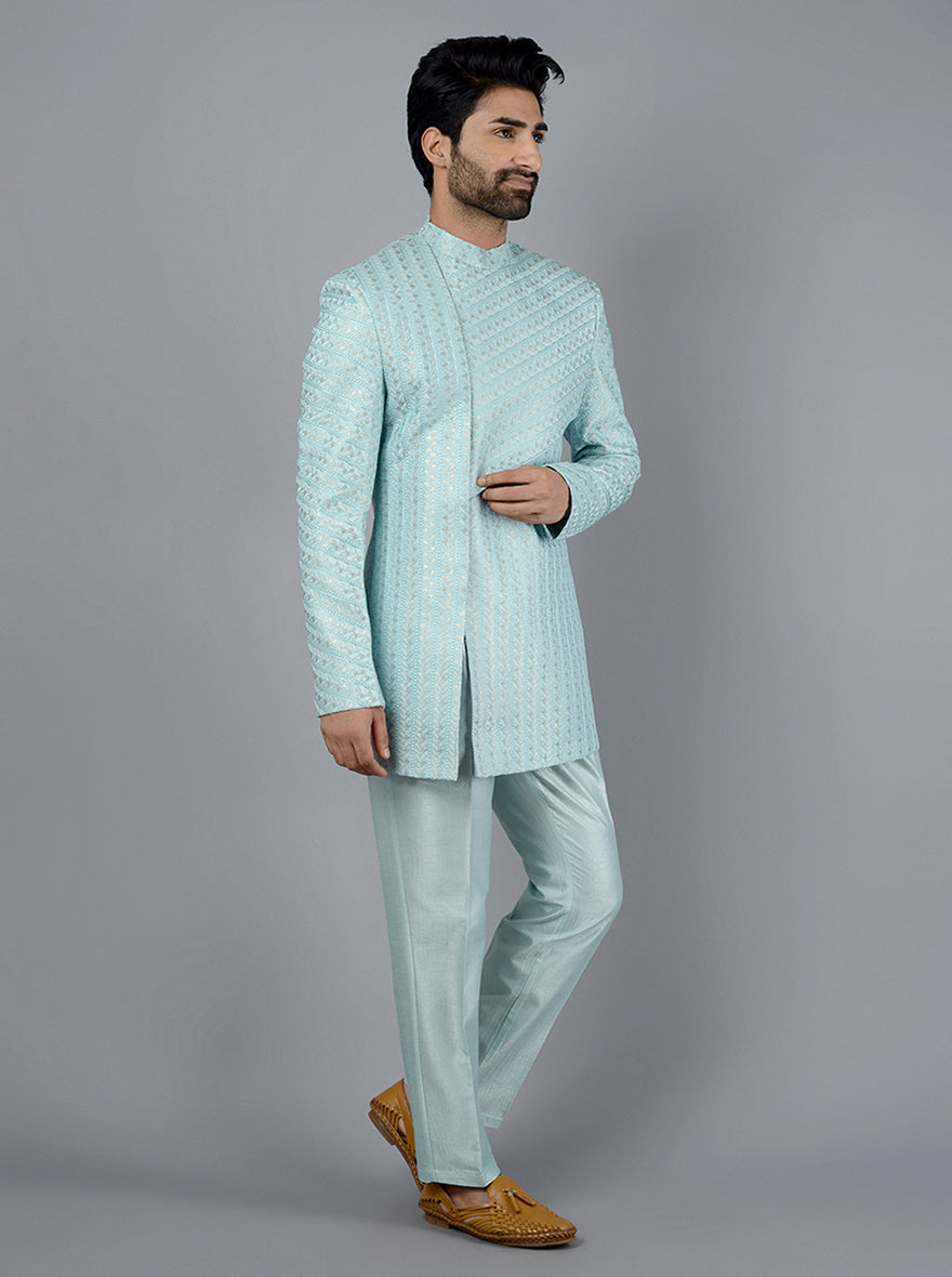 Elevate your wardrobe with this stylish Sky Blue Indo Western, designed for special occasions and celebrations.