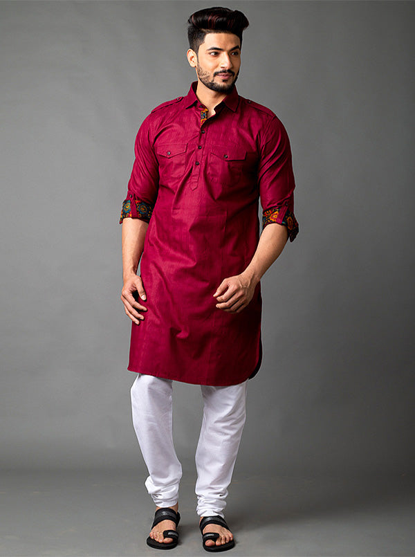 Maroon Pathani kurta for men, featuring a rich color and comfortable fabric, perfect for festive events and stylish occasions.