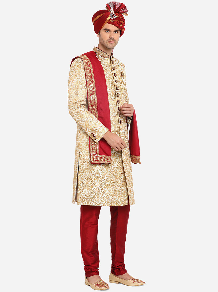 Luxurious cream and golden sherwani designed for comfort and class at events.