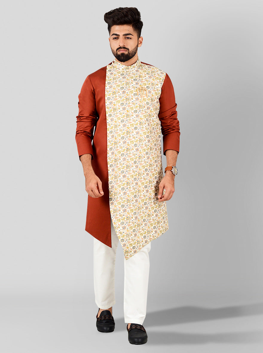 Comfortable brown kurta made from soft cotton satin, showcasing a floral print, ideal for stylish casual outings and festive events.