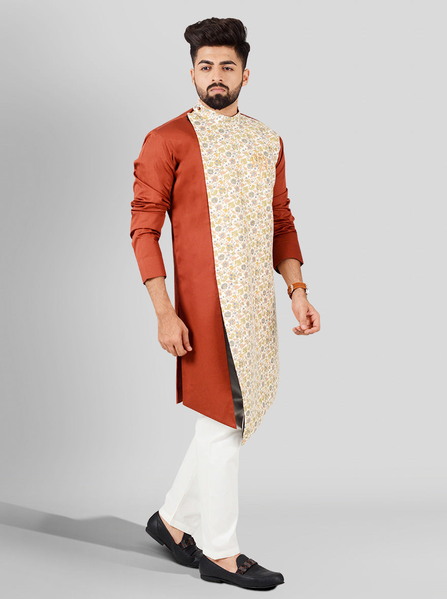 Effortlessly stylish brown kurta featuring a floral print, designed for men, perfect for casual wear and festive occasions.