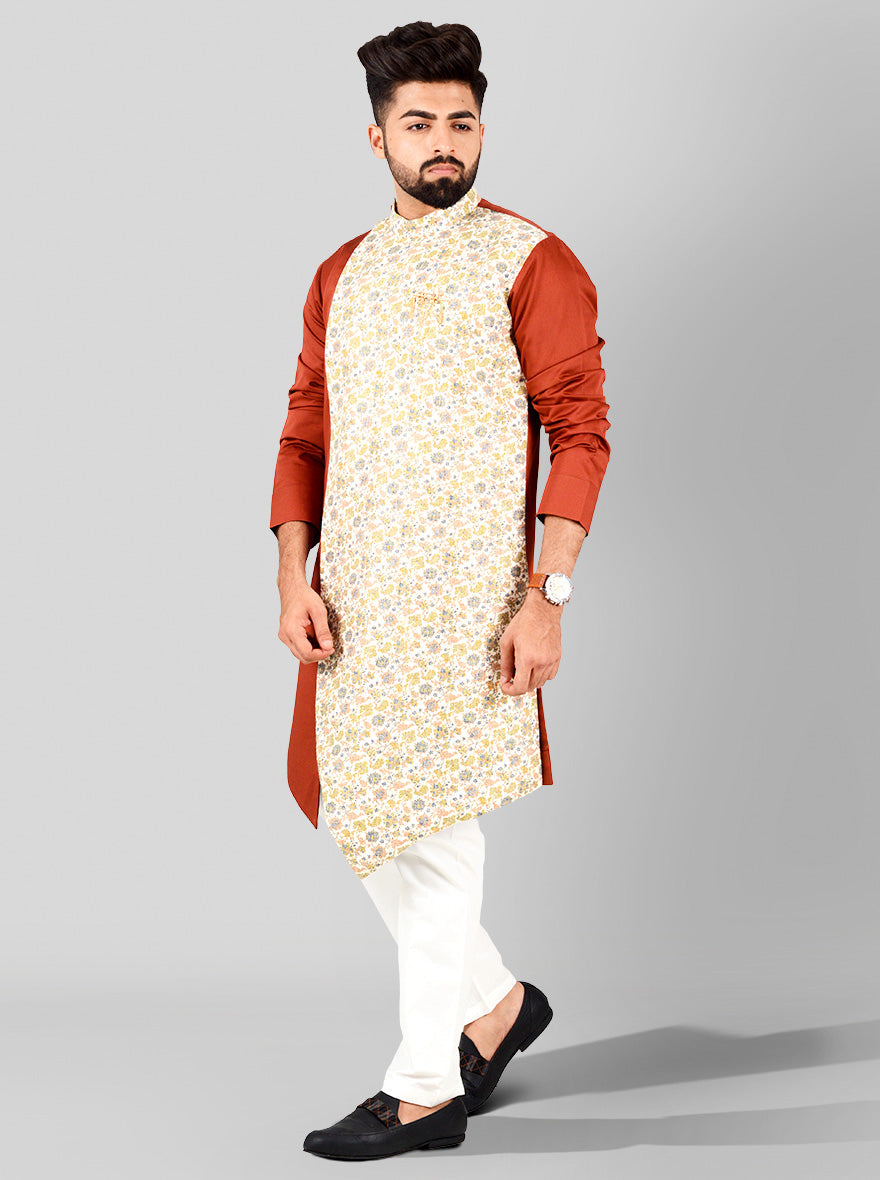 Designer brown kurta with a floral print, perfect for men looking for a stylish and comfortable option for casual and festive gatherings.