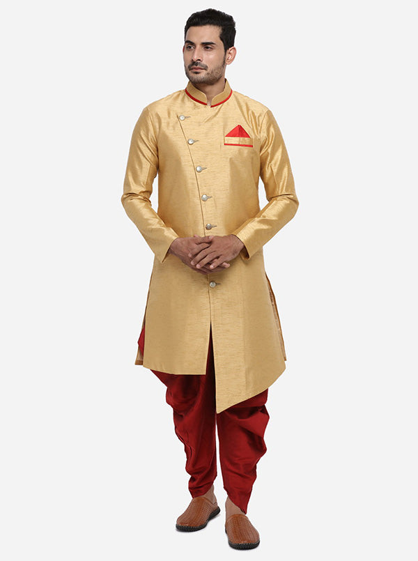 Elevate your ethnic attire with this Asymmetric Golden Silk Blend semi indo, ideal for making a stylish statement in the USA’s vibrant fashion scene.