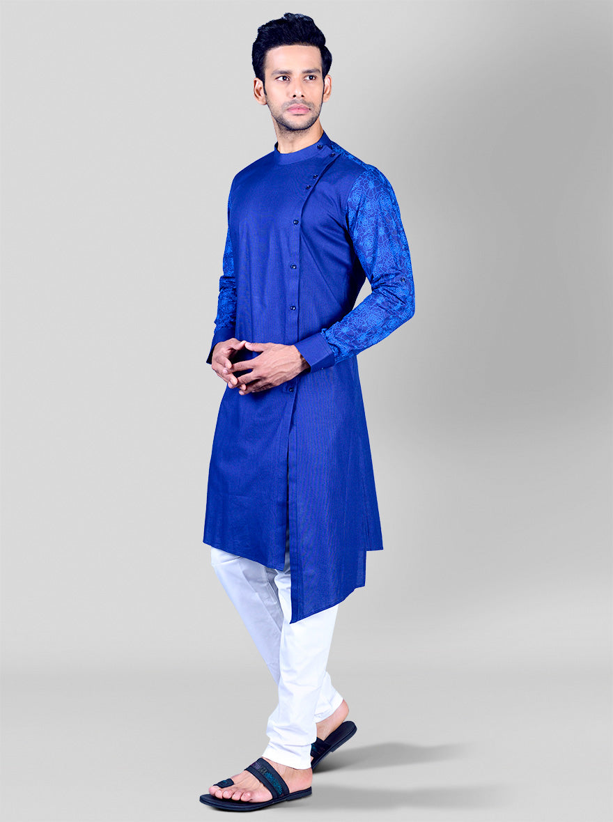 Navy-blue cotton kurta set for men, designed for comfort and style with prints on the sleeves.