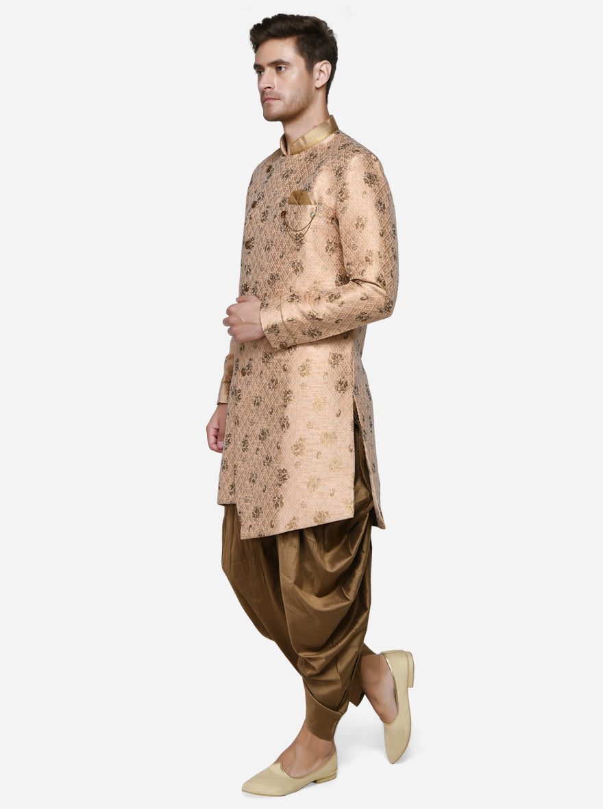 This fashionable light peach & golden ethnic wear piece will turn heads, combining elegance with contemporary design for modern men.